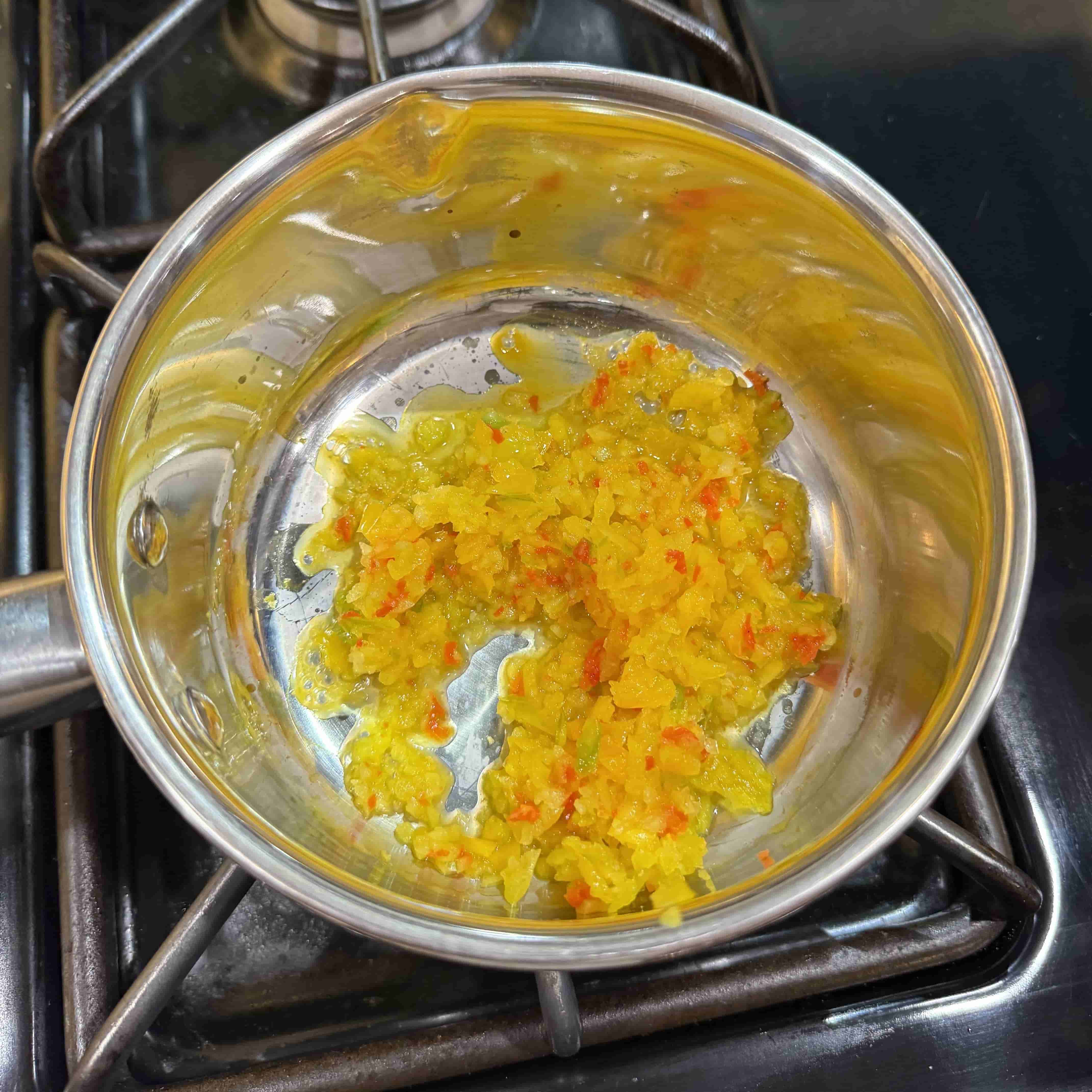 Chopped peppers, sugar, and pectin in saucepan